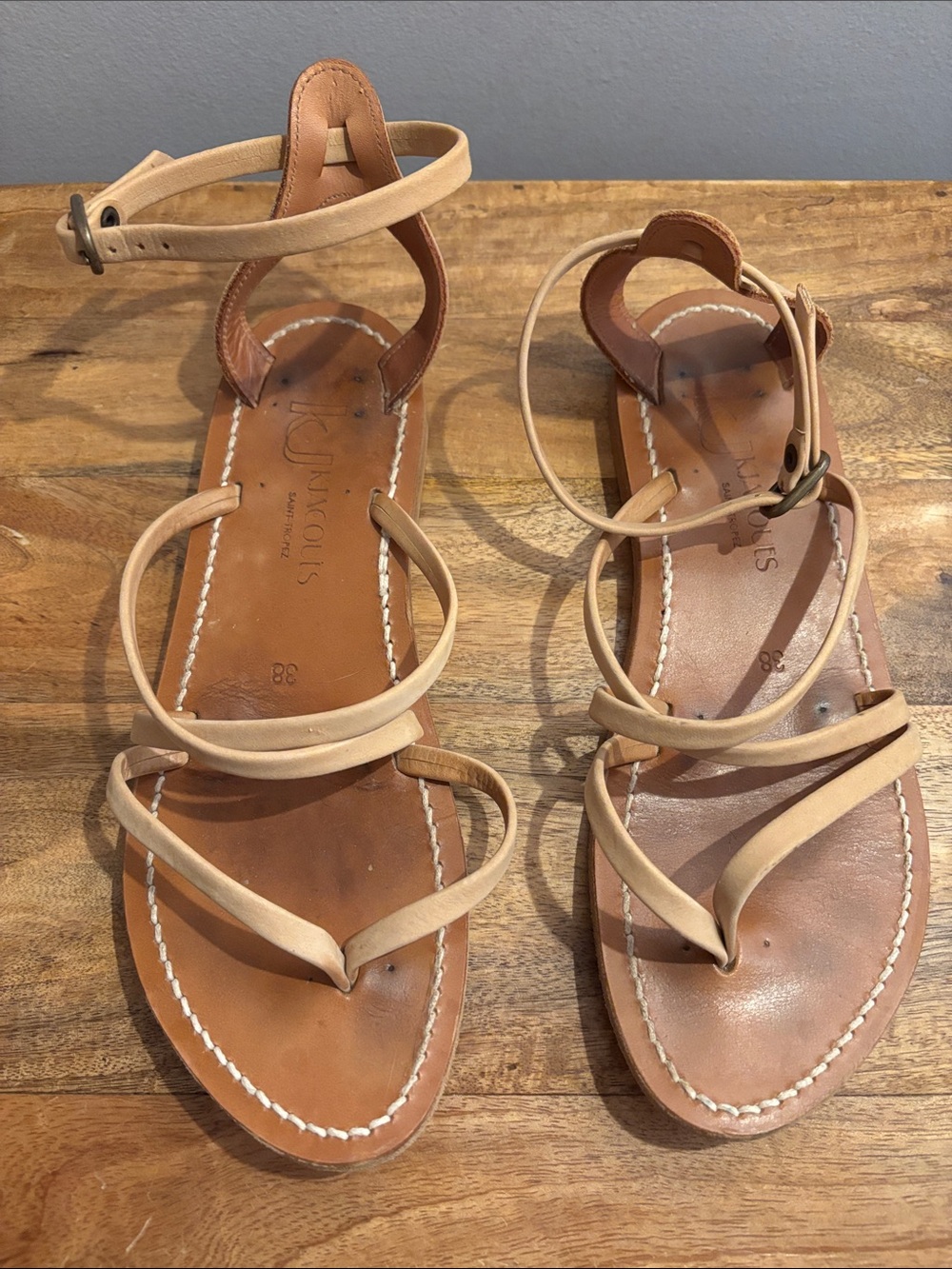 K.Jacques Beige and Tan Leather Strappy Ankle Sandals